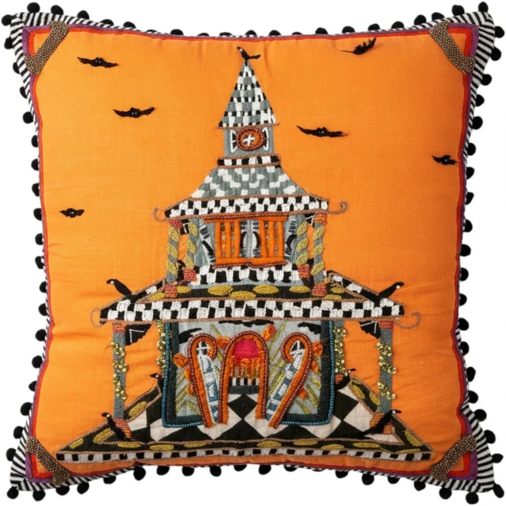 MacKenzie-Childs Patience Brewster Spooky House Pillow 20x20 Orange Halloween